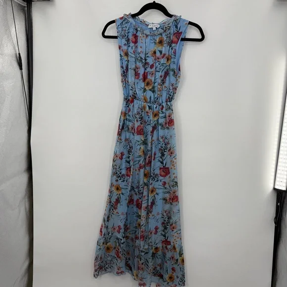 Le Ragazze Tiered Floral Airy Silk Sleeveless Midi Maxi Dress Floral Blue L - Picture 6 of 10